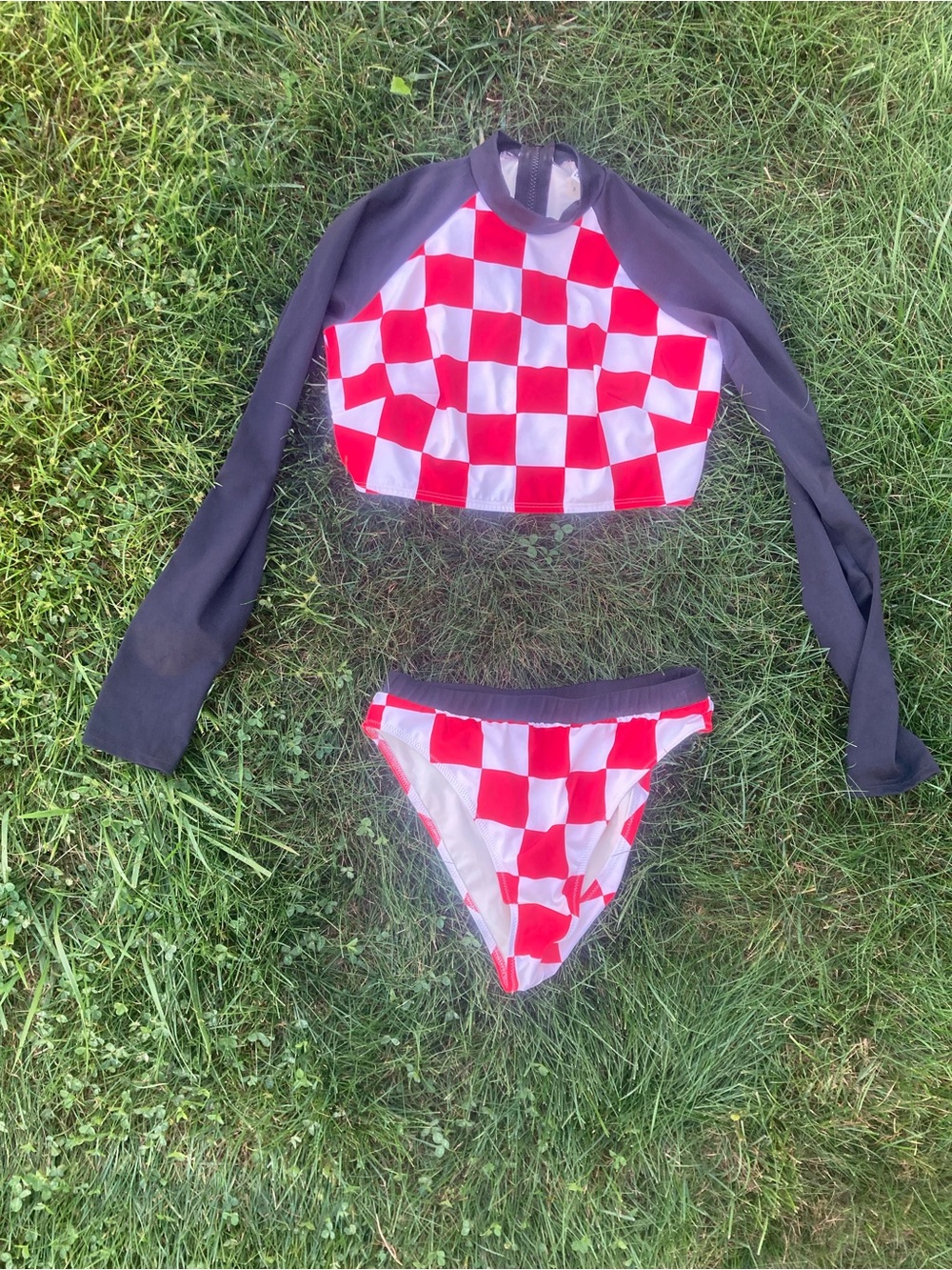 SOLID & STRIPED Red & White Check Long-Sleeve Rash Guard Bikini / Tankini Set